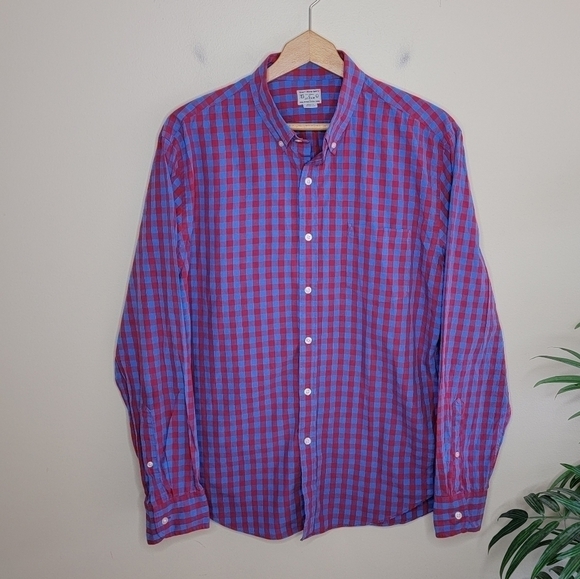 J. Crew Factory | Red Blue Gingham Plaid Button Down Shirt Size Large - Picture 1 of 4